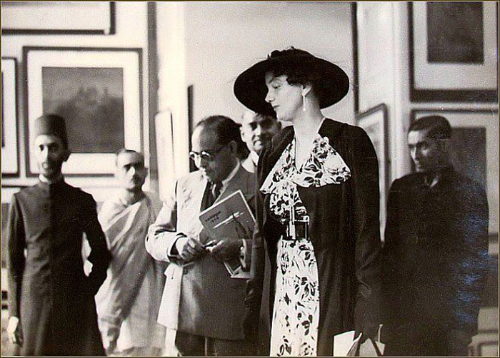 Lady Mary Herbert with principal Mukul Dey at the opening of War Fund exhibition at Government School of Art, Calcutta, 1939